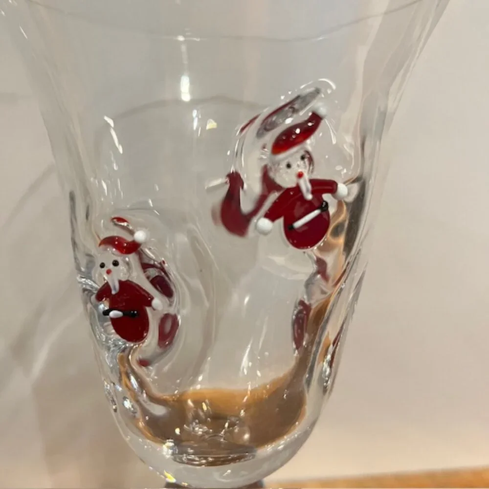 Set of (2) Crate & Barrel 8oz Blown Glass Fused Snowmen Santa Wine Goblet Glass